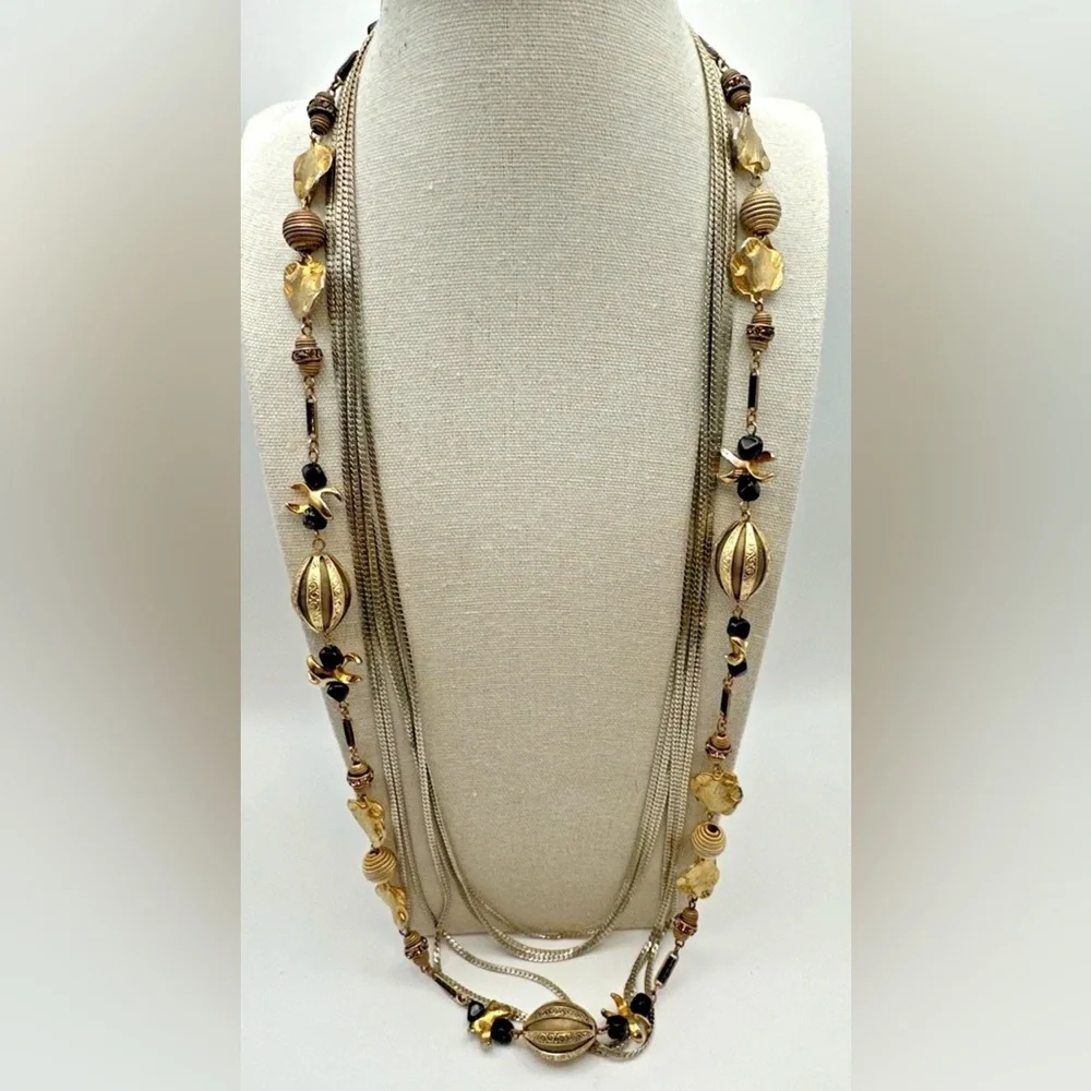 Hattie Carnegie Multi Strand Layered Necklace Silver Gold Black Vtg Long Heavy